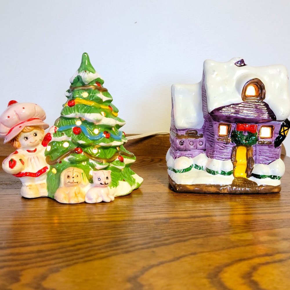 Strawberry Shortcake Lighted Ceramic Christmas Tree and House Vintage 1980s